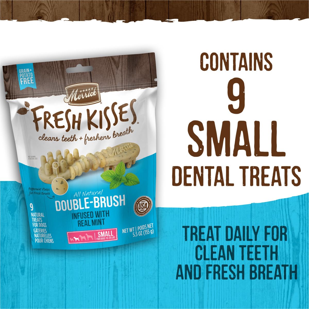 Merrick Fresh Kisses Natural Dental Chews, Toothbrush Treat Shape Infused With Real Mint, Small Dogs 15-25 Lbs - 36 ct. Box - Image 9