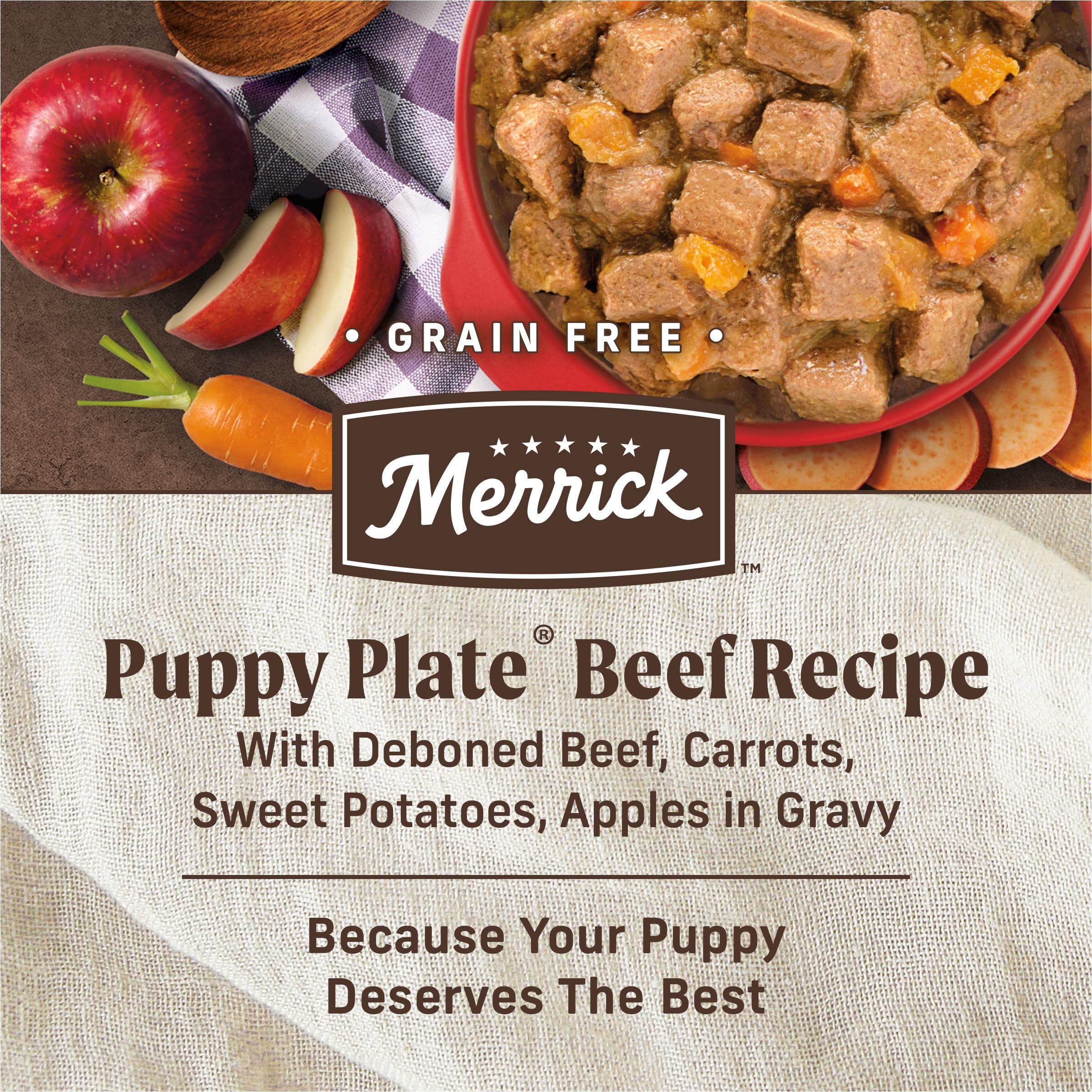 Merrick Puppy Plate Grain Free Wet Puppy Food with Real Deboned Beef, Carrots, Sweet Potatoes and Apples in Gravy, 12.7 oz. Can - Image 4